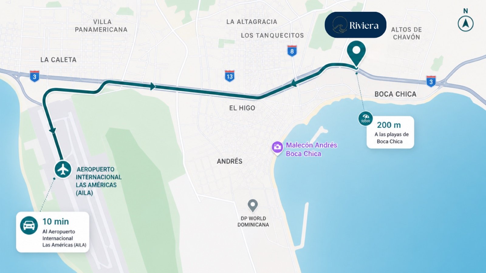 Mapa de ubicación Riviera At Costa Blanca en Boca Chica - A 5 minutos del Aeropuerto Internacional Las Américas (AILA) y 200 metros de las playas de Boca Chica, República Dominicana